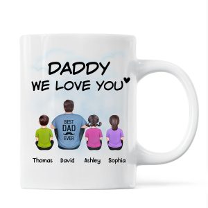 Daddy We Love You Back View Man Sitting With Kids Dog Cat Personalized Mug