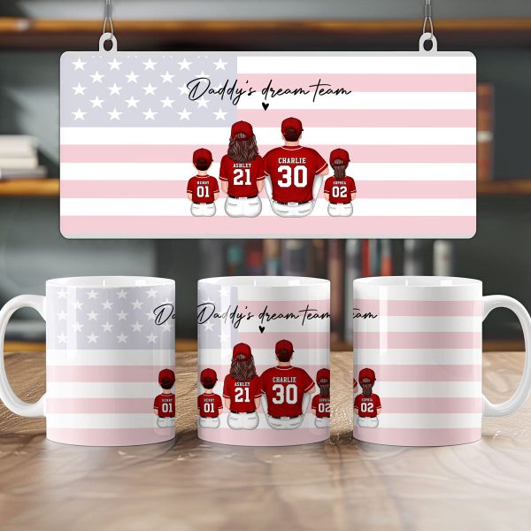 Daddy's Team Baseball Family Sitting Personalized AOP Mug, Perfect Gift For Dad, Grandpa, Husband