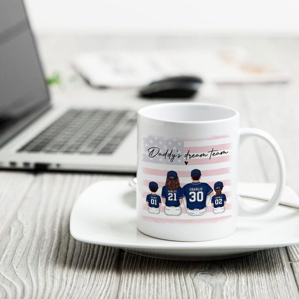 Daddy's Team Baseball Family Sitting Personalized Mug, Gift For Dad, Grandpa, Husband