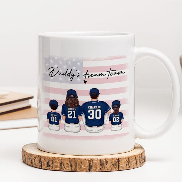 Daddy's Team Baseball Family Sitting Personalized Mug, Gift For Dad, Grandpa, Husband
