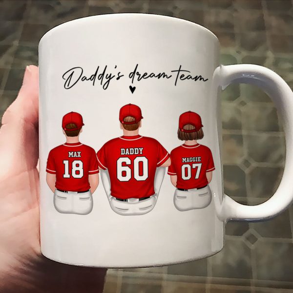 Daddy's Team Baseball Family Sitting Personalized Mug, Gift For Dad, Grandpa, Husband
