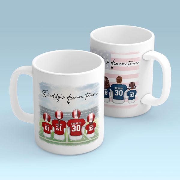 Daddy's Team Football Family Sitting Personalized Mug, Father's Day Gift For Dad, Grandpa, Husband