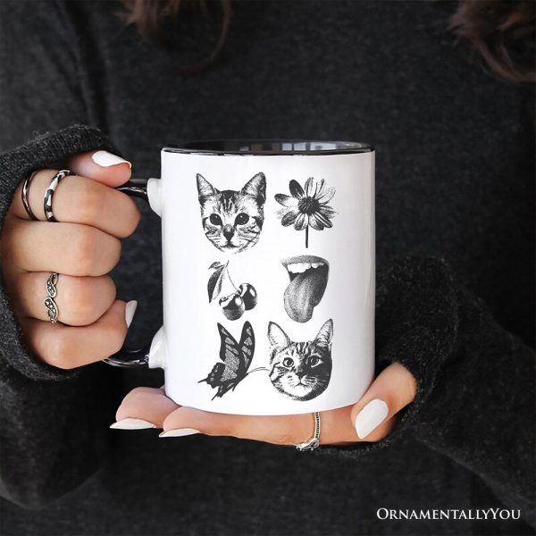Dangerous Elements Grunge Tattoo Style Personalized Mug, Photocopy Stipple Collage Art Gift with Custom Name