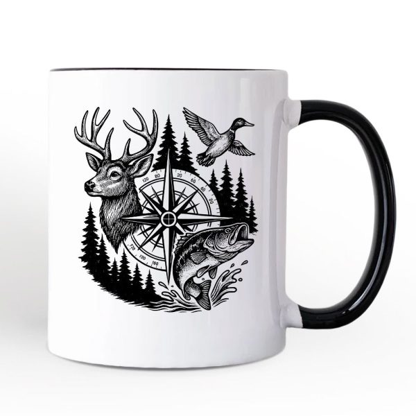 Deer Duck Fishing Hunting Personalized Mug, Camo Vintage Compass Outdoors Gift with Custom Name