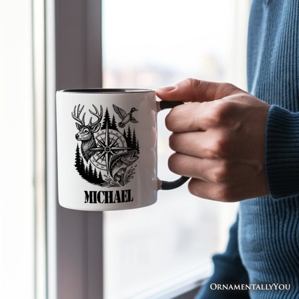 Deer Duck Fishing Hunting Personalized Mug, Camo Vintage Compass Outdoors Gift with Custom Name