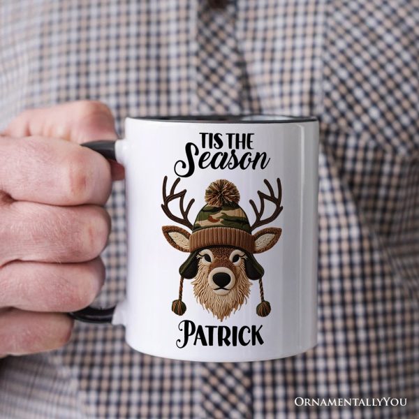 Deer Head Camo Hat Christmas Personalized Mug, Imitation Latch Hook Yarn Cozy Hunting Season Gift with Custom Name Deer Head Camo Hat Christmas Personalized Mug, Imitation Latch Hook Yarn Cozy Hunting Season Gift with Custom Name