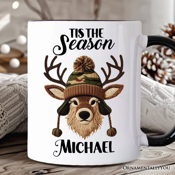 Deer Head Camo Hat Christmas Personalized Mug, Imitation Latch Hook Yarn Cozy Hunting Season Gift with Custom Name Deer Head Camo Hat Christmas Personalized Mug, Imitation Latch Hook Yarn Cozy Hunting Season Gift with Custom Name
