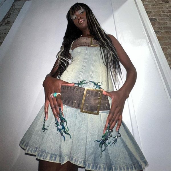 Denim Large Belt Design Tube Mini Dress