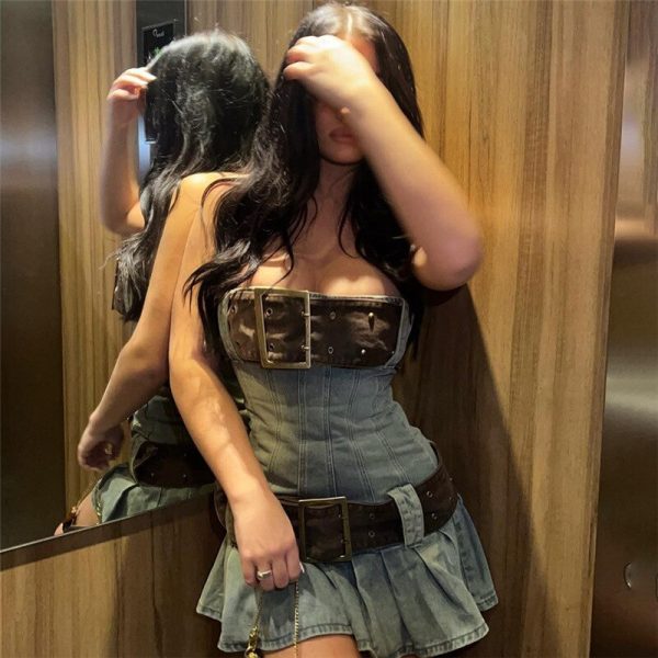 Denim Large Belt Design Tube Mini Dress