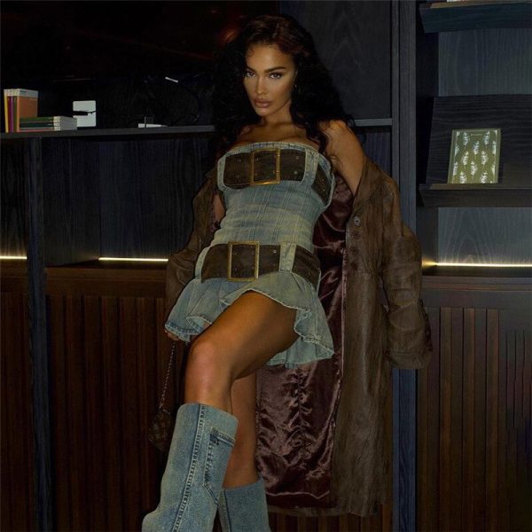 Denim Large Belt Design Tube Mini Dress