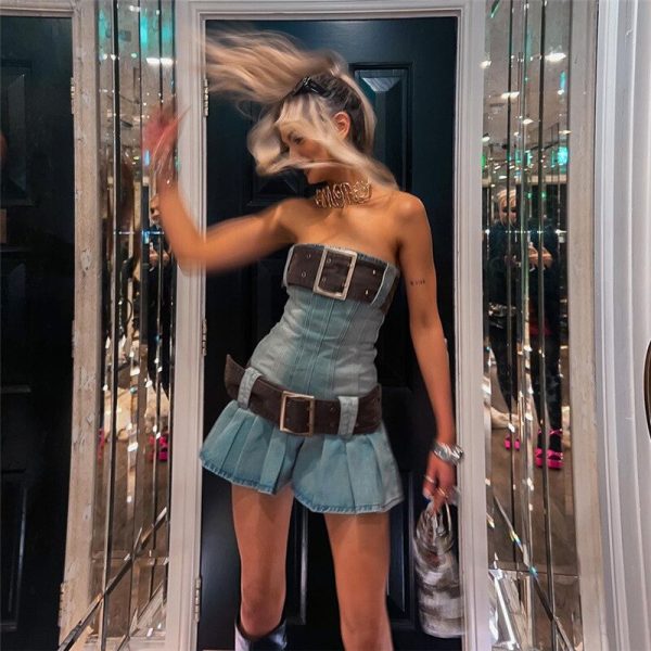 Denim Large Belt Design Tube Mini Dress