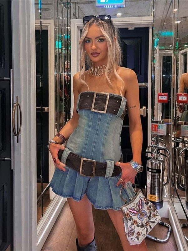 Denim Large Belt Design Tube Mini Dress