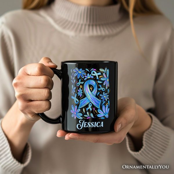 Diabetes Blue Ribbon Floral Personalized Mug, Awareness Support Gift with Custom Name Diabetes Blue Ribbon Floral Personalized Mug, Awareness Support Gift with Custom Name