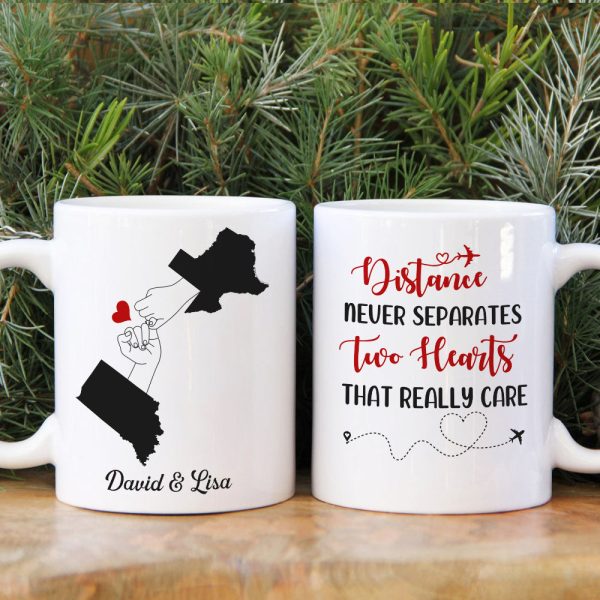 Distance Never Separates Two Hearts That Really Care Personalized Couple Mug, Gift For Couple