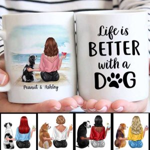 Dog Mom Sitting On The Beach Personalized Mug