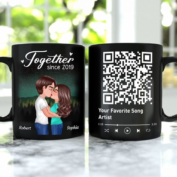 Doll Couple Kissing Under Star Night QR Code Calendar Personalized Black Mug Doll Couple Kissing Under Star Night QR Code Calendar Personalized Black Mug