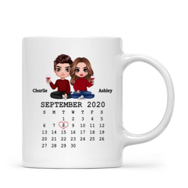 Doll Couple Sitting Calendar Anniversary Date Gift For Him For Her Personalized Mug