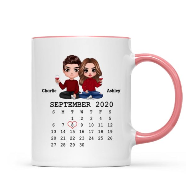 Doll Couple Sitting Calendar Anniversary Date Gift For Him For Her Personalized Mug