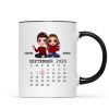 Doll Couple Sitting Calendar Anniversary Date Gift For Him For Her Personalized Mug