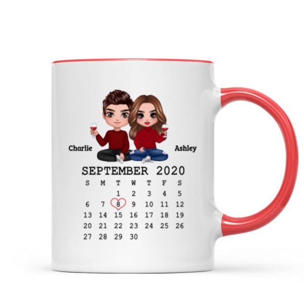 Doll Couple Sitting Calendar Anniversary Date Gift For Him For Her Personalized Mug