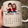 Doll Couple Sitting Calendar Anniversary Date Gift For Him For Her Personalized Mug