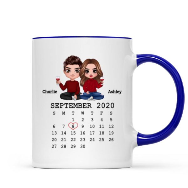 Doll Couple Sitting Calendar Anniversary Date Gift For Him For Her Personalized Mug
