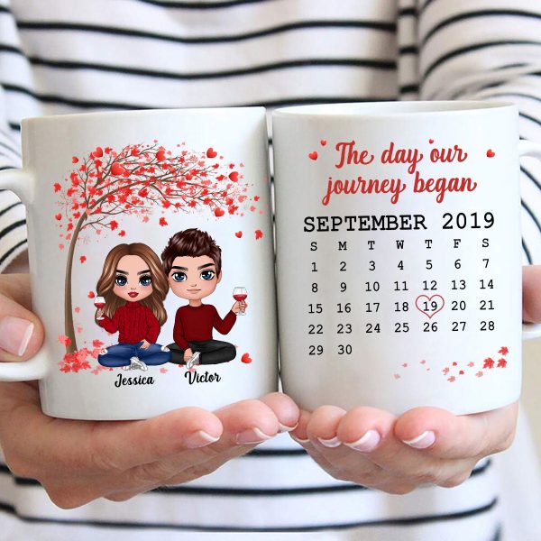 Doll Couple Sitting Under Red Tree Calendar Anniversary Date Gift For Him For Her Personalized Mug Doll Couple Sitting Under Red Tree Calendar Anniversary Date Gift For Him For Her Personalized Mug