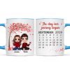 Doll Couple Sitting Under Red Tree Calendar Anniversary Date Gift For Him For Her Personalized Mug Doll Couple Sitting Under Red Tree Calendar Anniversary Date Gift For Him For Her Personalized Mug