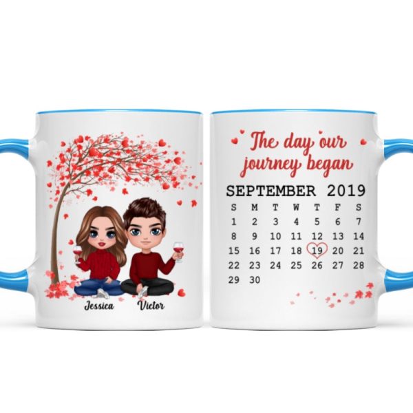 Doll Couple Sitting Under Red Tree Calendar Anniversary Date Gift For Him For Her Personalized Mug Doll Couple Sitting Under Red Tree Calendar Anniversary Date Gift For Him For Her Personalized Mug