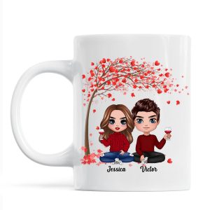 Doll Couple Sitting Under Red Tree Calendar Anniversary Date Gift For Him For Her Personalized Mug