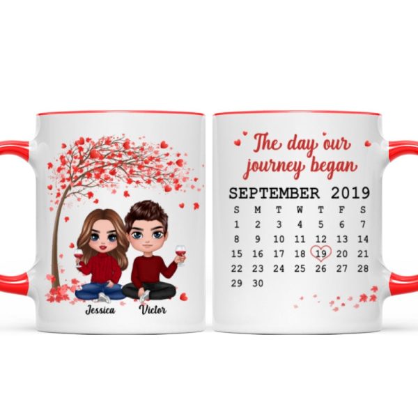 Doll Couple Sitting Under Red Tree Calendar Anniversary Date Gift For Him For Her Personalized Mug Doll Couple Sitting Under Red Tree Calendar Anniversary Date Gift For Him For Her Personalized Mug