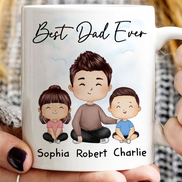 Doll Dad And Kids Sitting Watercolor Style Best Dad Ever Father's Day Gift For Dad Personalized Mug Doll Dad And Kids Sitting Watercolor Style Best Dad Ever Father's Day Gift For Dad Personalized Mug
