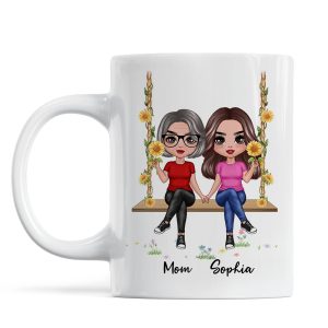 Doll Mom Daughter Sitting On Swing Holding Sunflower Personalized Mug