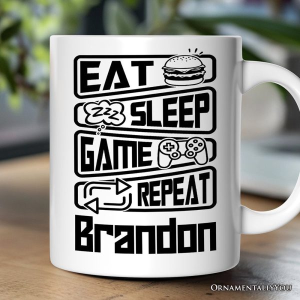 Eat Sleep Game Repeat Personalized Mug, Funny Gamer Gift With Custom Name Eat Sleep Game Repeat Personalized Mug, Funny Gamer Gift With Custom Name