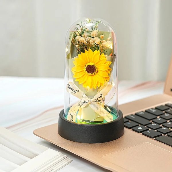 Everlasting Rose LED Glass Dome Bouquet Romantic Decorative Ornament for Valentine’s Day and Home