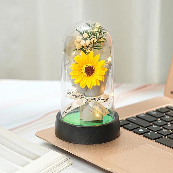 Everlasting Rose LED Glass Dome Bouquet Romantic Decorative Ornament for Valentine’s Day and Home