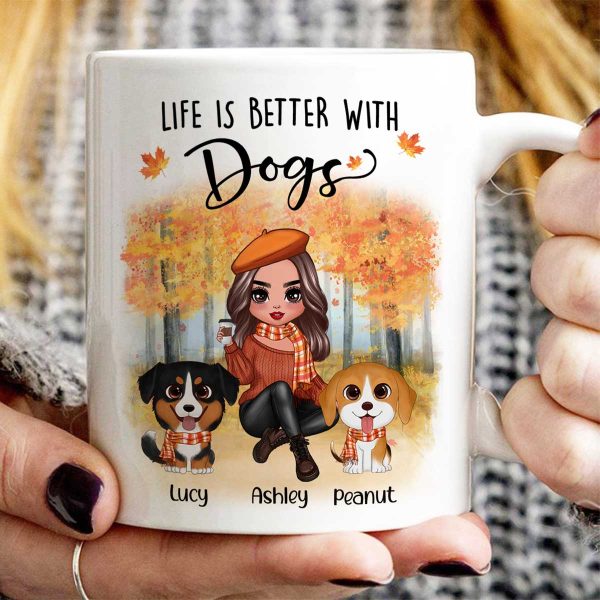 Fall Season Doll Woman Sitting With Watercolor Cute Dogs Personalized Mug
