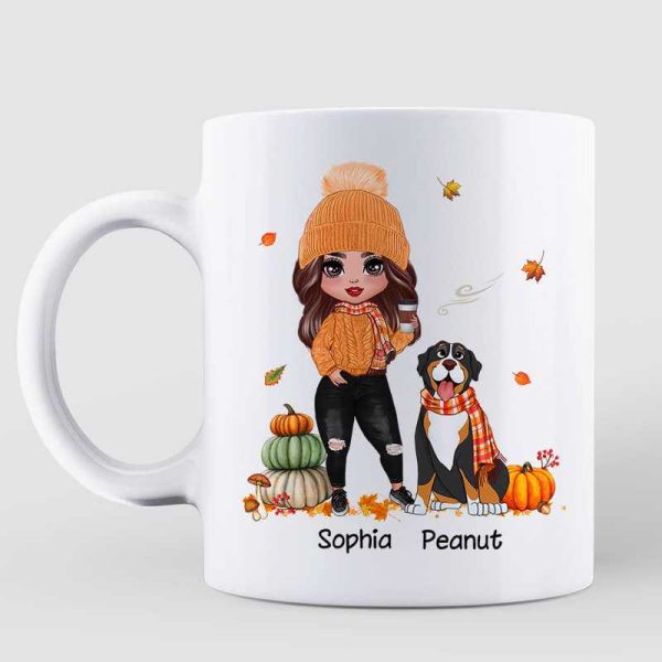Fall Season Standing Doll And Cute Dogs Personalized Mug Fall Season Standing Doll And Cute Dogs Personalized Mug
