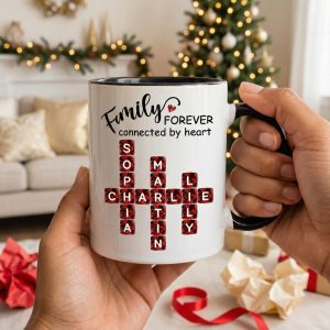 Family Forever Connected by Heart 3D Crystal Crossword - Personalized Mug - Sentimental Gift for for Loved Ones