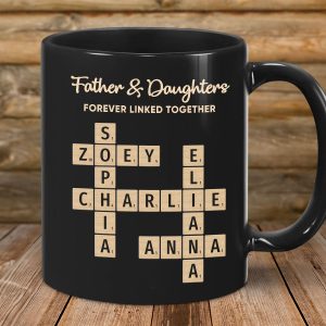 Father & Daughters Sons Forever Linked Together Crossword Puzzle Art Personalized Mug, Heartfelt Father's Day Gift For Dad