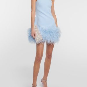 Feather-trimmed Bandeau Neck A-line Mini Dress