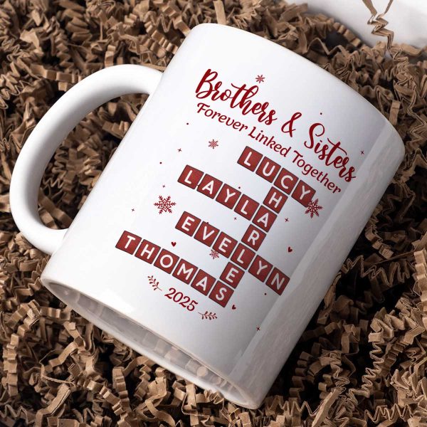 Festive Christmas Brothers Sisters Crossword Puzzle Art - Personalized Mug - Christmas Gift For Siblings, Brothers, Sisters