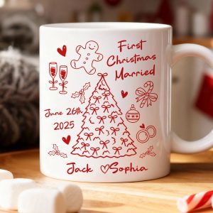 First Christmas Married Doodle Pattern - Personalized Mug - Christmas Gift For Him, For Her, For Couple