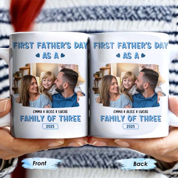 First Father's Day As A Family Of Three, Family Photo And Heart Icons - Personalized Custom Coffee Mug - DAD117_MG First Father's Day As A Family Of Three, Family Photo And Heart Icons - Personalized Custom Coffee Mug - DAD117_MG