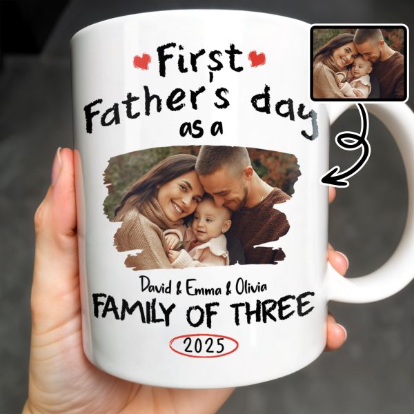 First Father's Day As A Family Of Three, Heart and Family Photo - Personalized Custom Coffee Mug - DAD103_MG First Father's Day As A Family Of Three, Heart and Family Photo - Personalized Custom Coffee Mug - DAD103_MG