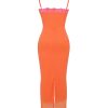 Flame Orange Lace Trim Slit Mesh Maxi Dress Flame Orange Lace Trim Slit Mesh Maxi Dress