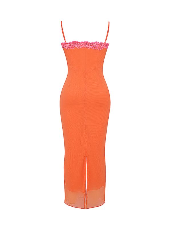 Flame Orange Lace Trim Slit Mesh Maxi Dress Flame Orange Lace Trim Slit Mesh Maxi Dress