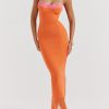 Flame Orange Lace Trim Slit Mesh Maxi Dress Flame Orange Lace Trim Slit Mesh Maxi Dress