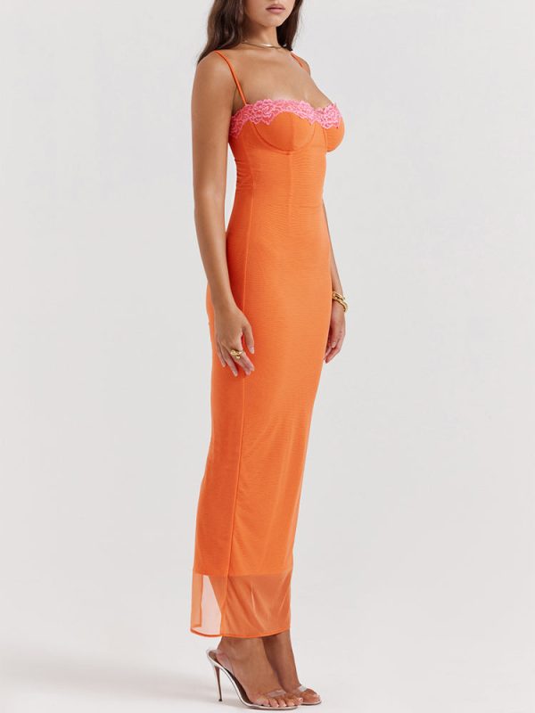 Flame Orange Lace Trim Slit Mesh Maxi Dress Flame Orange Lace Trim Slit Mesh Maxi Dress
