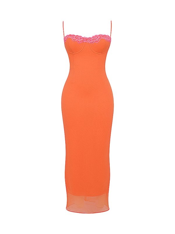 Flame Orange Lace Trim Slit Mesh Maxi Dress Flame Orange Lace Trim Slit Mesh Maxi Dress